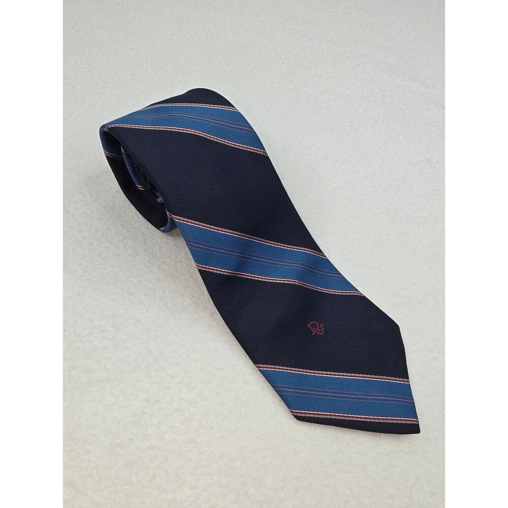 Christian Dior Men's Navy Blue Striped Poly Silk Tie 3975